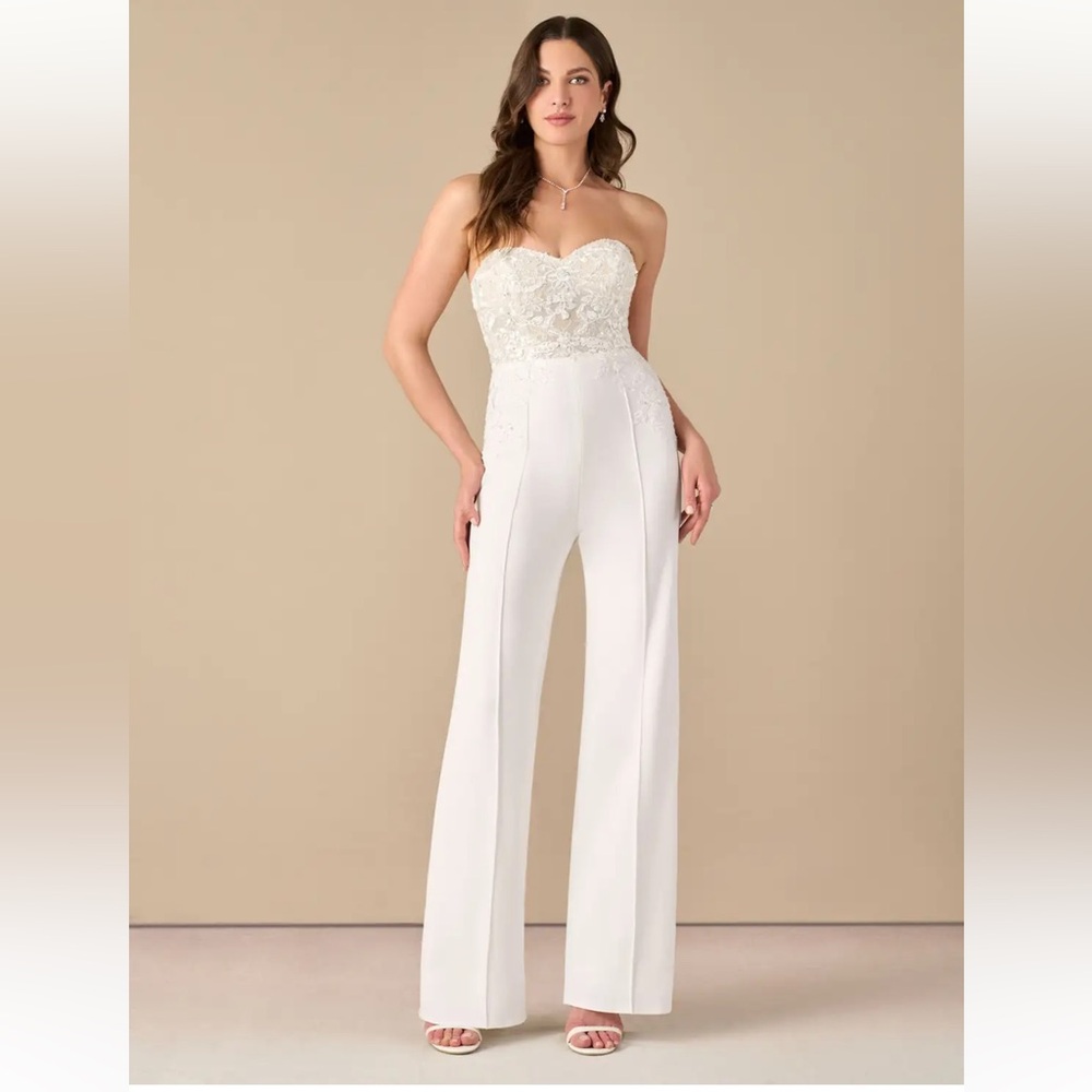 Azazie White Strapless Lace Jumpsuit